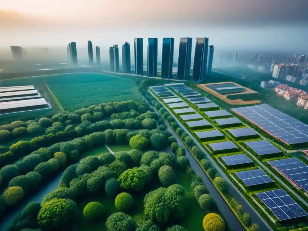 Vista aérea: Ciudad moderna sostenible con rascacielos verdes Impresionante ciudad moderna con rascacielos eco-friendly bajo regulaciones ambientales mercado inmobiliario