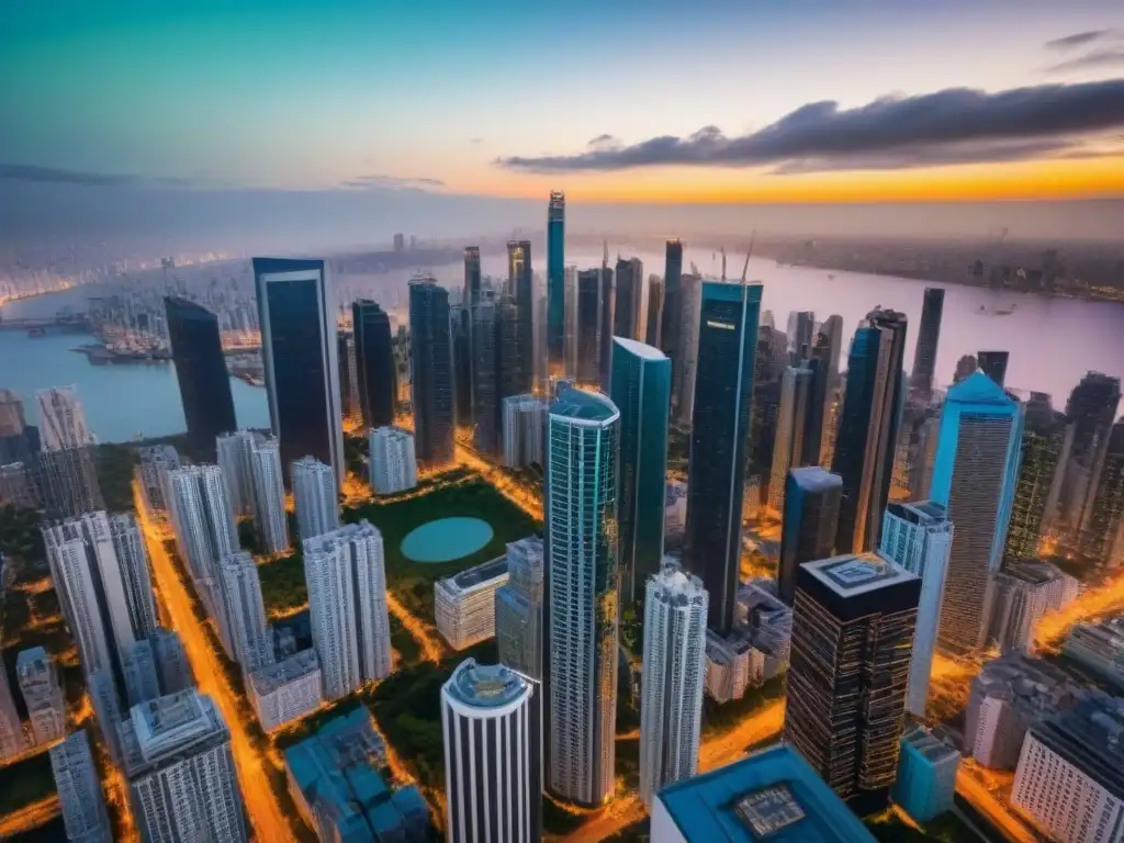Horizonte urbano al atardecer: modernidad y sostenibilidad Impresionante ciudad moderna con rascacielos reflejando tonos dorados del atardecer, fusionando arquitectura y naturaleza, estrategias de salida inmobiliaria global
