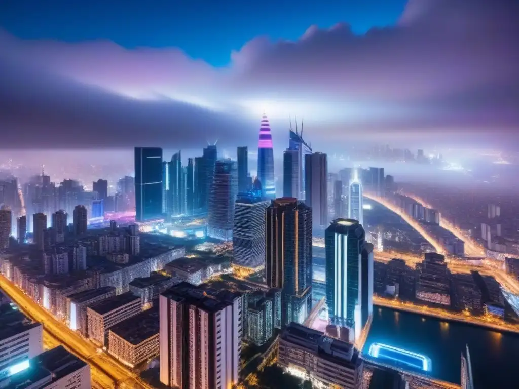 Cityscape nocturno en 8k: luces neón y modernidad Impresionante ciudad nocturna con rascacielos iluminados por luces neón, reflejando el éxito del marketing inmobiliario internacional