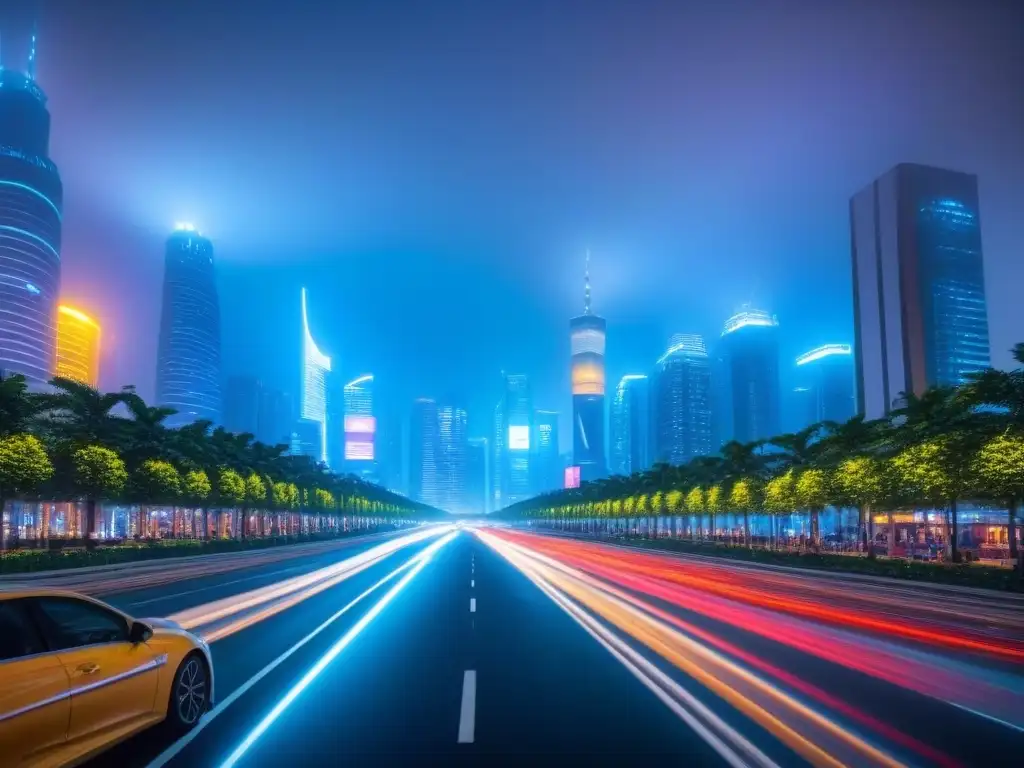 Metrópolis futurista nocturna: luces y tecnología de vanguardia Impresionante ciudad nocturna con rascacielos futuristas iluminados y calles llenas de vehículos de alta tecnología