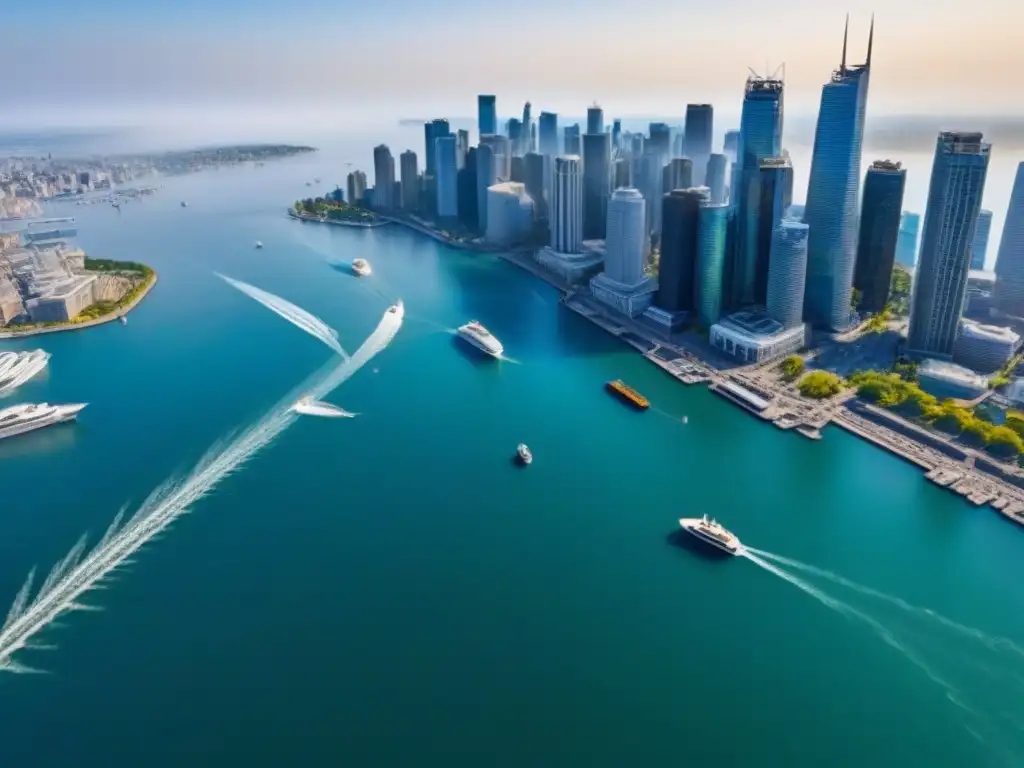 Vista aérea impresionante de ciudad turística en Norteamérica Impresionante ciudad norteamericana: rascacielos, calles vibrantes, agua y barcos bajo cielo azul