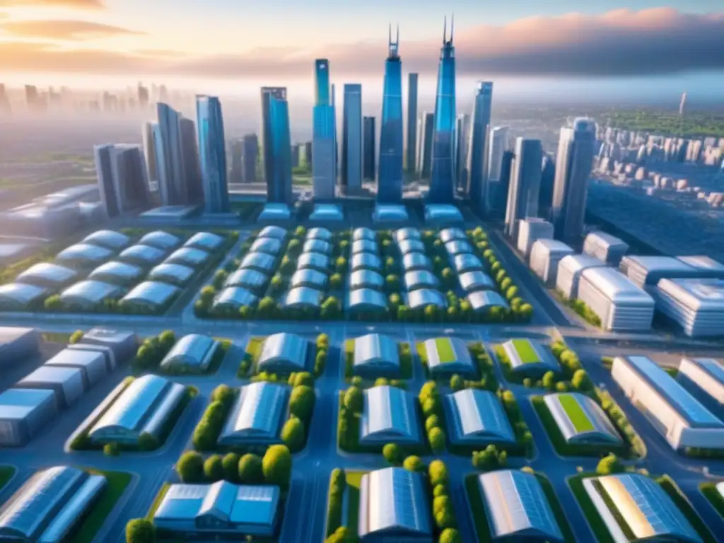 Skyline futurista: rascacielos y sostenibilidad en la ciudad postindustrial Impresionante ciudad postindustrial con rascacielos y vehículos eléctricos, reflejando inversión inmobiliaria en ciudades postindustriales