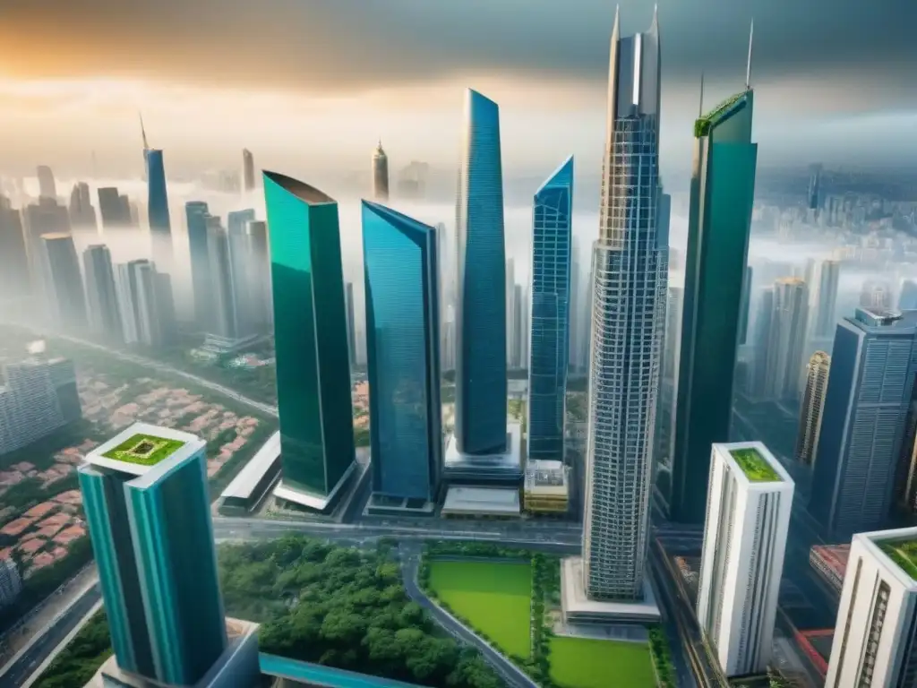 Metrópolis emergente: arquitectura vibrante en mercado en crecimiento Impresionante ciudad con rascacielos y edificios tradicionales en mercados emergentes, reflejando litigios bienes raíces