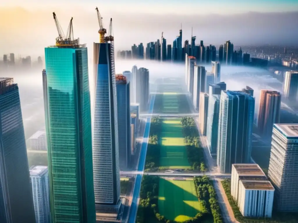 Metrópolis vibrante: innovación y crecimiento en la industria inmobiliaria Impresionante ciudad con rascacielos modernos y espacios verdes, reflejando el financiamiento innovador para M&A inmobiliarias