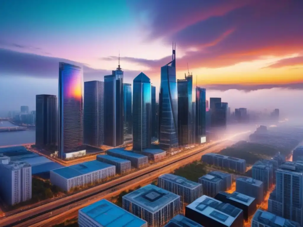 Metrópolis vibrante al atardecer: luces, autos de lujo y cielos de ensueño Una impresionante ciudad al anochecer con rascacielos modernos iluminados y autos de lujo, reflejo de prosperidad urbana y sofisticación