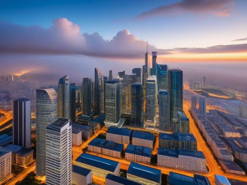 Metrópolis moderna al atardecer: luces brillantes entre rascacielos Impresionante ciudad al anochecer con rascacielos modernos y luces brillantes