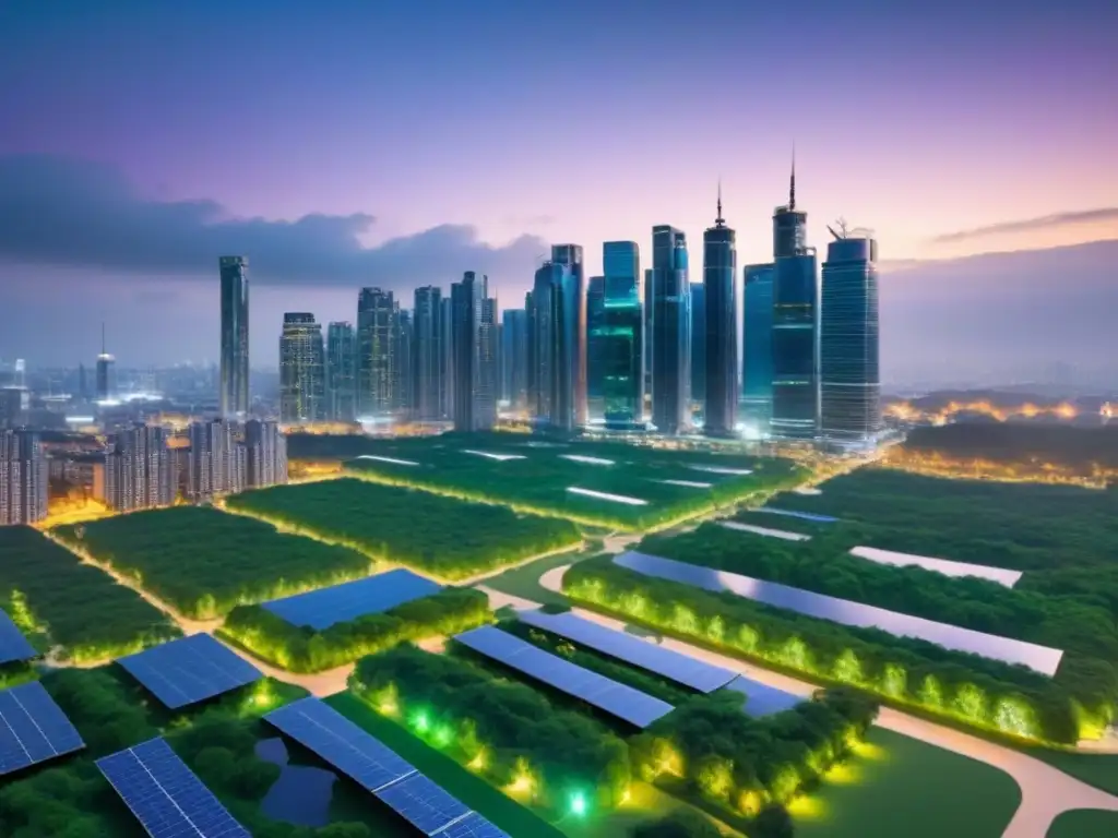 Horizonte urbano sostenible: luces LED y arquitectura verde en 8k Impresionante ciudad al anochecer con rascacielos verdes iluminados por luces LED, reflejando el impacto de leyes verdes en el mercado inmobiliario