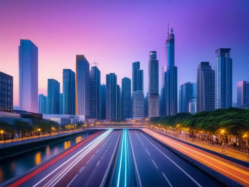 Horizonte urbano moderno y vibrante al anochecer Impresionante ciudad postCOVID con regulaciones de tenencia, edificios iluminados en la noche