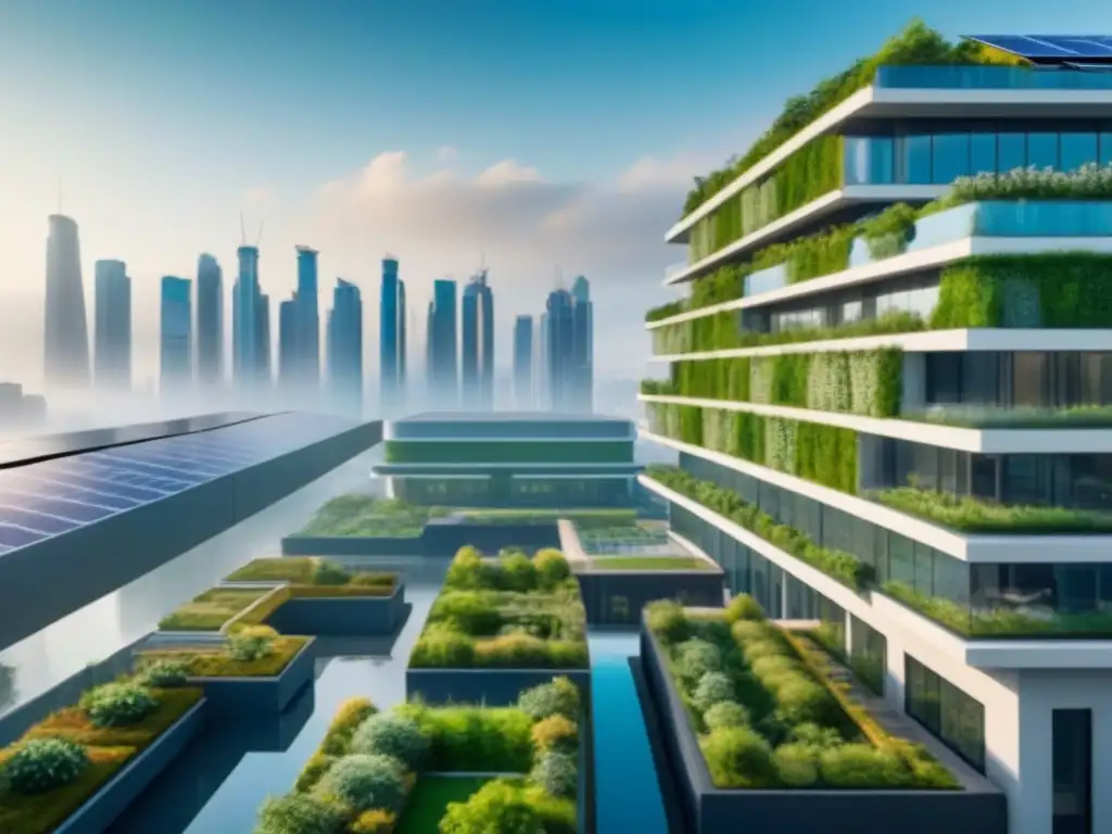 Complejo futurista sostenible: arquitectura verde en la ciudad Un impresionante complejo arquitectónico sostenible con características innovadoras integradas