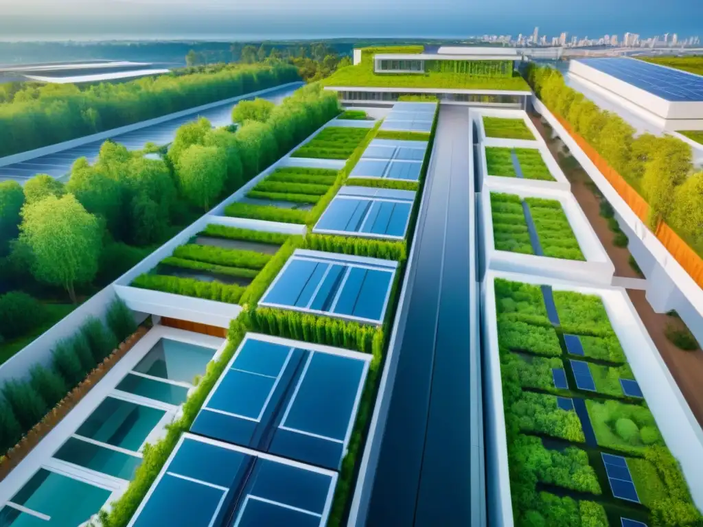 Complejo sostenible de vanguardia: arquitectura eco-moderna LEED y BREEAM Impresionante complejo inmobiliario certificado LEED y BREEAM con diseño moderno y sostenible rodeado de naturaleza