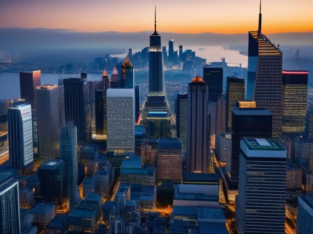 Complejo de rascacielos modernos en la ciudad global Impresionante complejo de rascacielos modernos en una ciudad internacional, destacando regulaciones construcción inversión inmobiliaria internacional