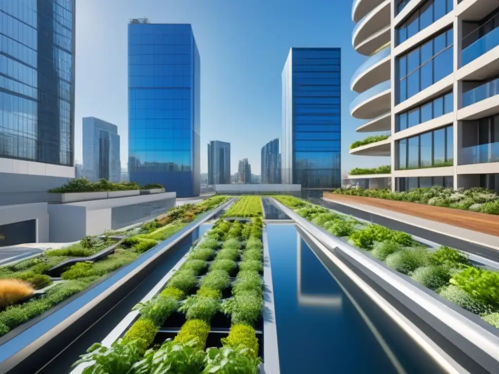 Complejo ecofuturista: torres verdes y sostenibles Un impresionante complejo de rascacielos sostenibles, con jardines verticales exuberantes y paneles solares brillando bajo el sol