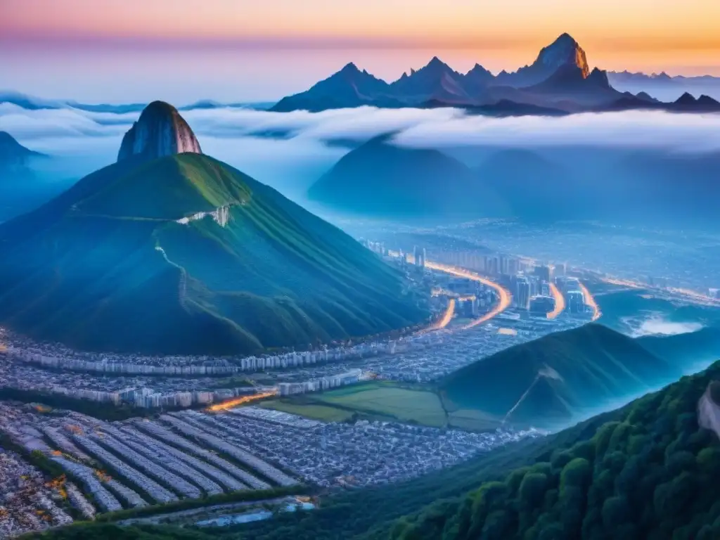 Contraste urbano: ciudad moderna entre montañas Impresionante contraste entre la ciudad moderna y montañas majestuosas al atardecer, mostrando la coexistencia entre urbanización y naturaleza