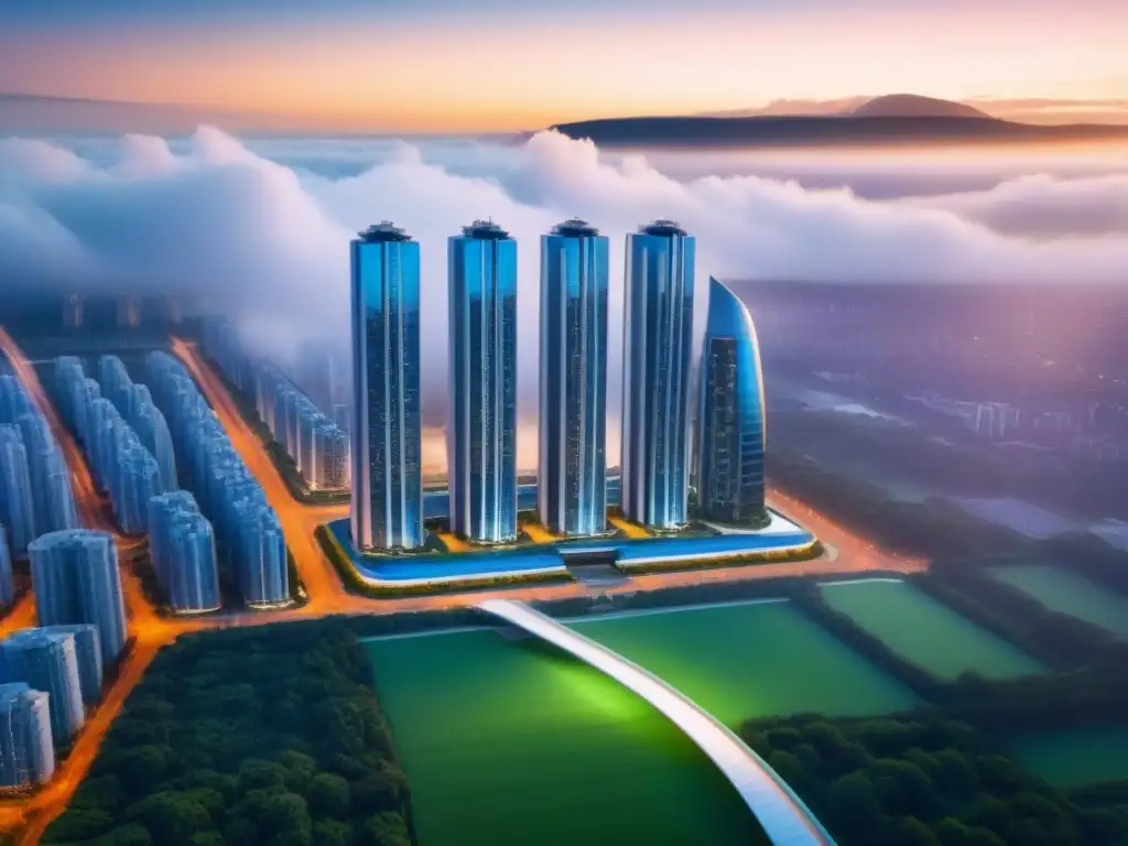 Desarrollo inmobiliario futurista: visión urbana innovadora Impresionante desarrollo inmobiliario internacional para inversores, con rascacielos futuristas y espacios verdes innovadores