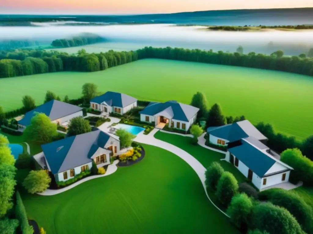 Diseño innovador: desarrollo rural moderno en América del Norte Un impresionante desarrollo inmobiliario rural en Norteamérica, combinando arquitectura moderna con paisajes tradicionales