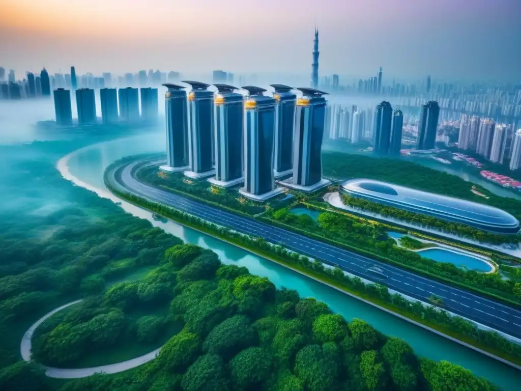 Desarrollo de lujo en Asia: arquitectura innovadora y exclusivas amenidades Impresionante desarrollo de propiedades de lujo en Asia, con rascacielos futuristas y amenidades de vanguardia