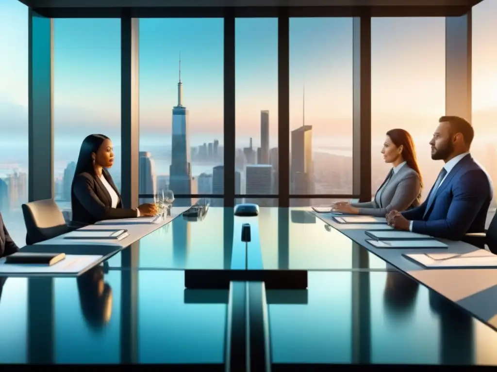 Inversionistas globales diversificados en reunión futurista Un impresionante dibujo digital detallado de inversionistas globales discutiendo en una sala de juntas futurista con vista a la ciudad