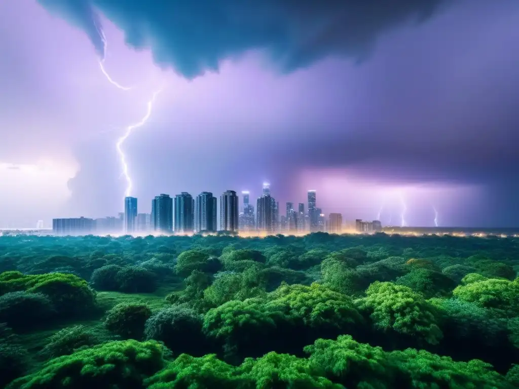 Metrópolis moderna: entre la resiliencia y la vulnerabilidad Impresionante ilustración digital de una ciudad moderna rodeada de naturaleza, bajo un cielo tormentoso