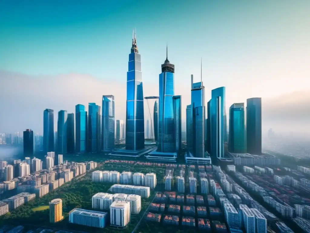 Cityscape de mercados emergentes con gráficos de interés hipotecario Impresionante ilustración digital de una ciudad moderna con rascacielos, gráficos de tasas de interés hipotecarias en mercados emergentes