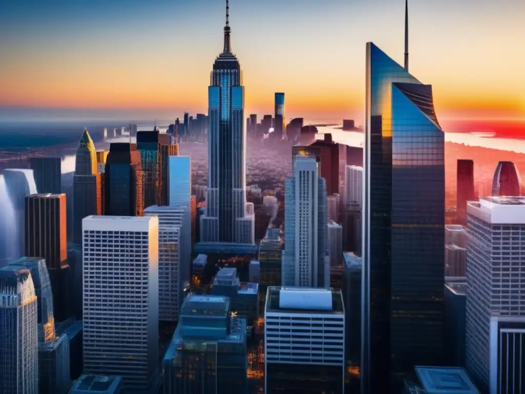 Horizonte financiero vibrante al atardecer Impresionante distrito financiero al atardecer, reflejando el impacto de las fluctuaciones económicas en el mercado inmobiliario