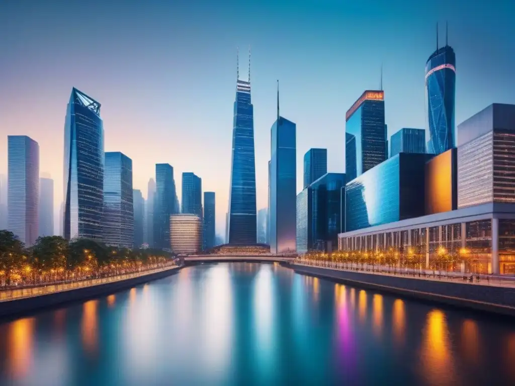 Impresionante distrito financiero futurista de noche, reflejado en el río