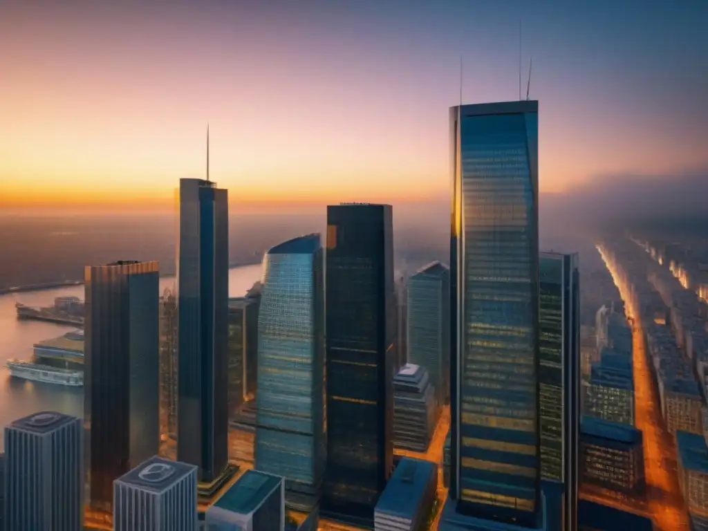 Vibrante distrito financiero global al atardecer Impresionante distrito financiero global al atardecer, reflejando el impacto de crisis económicas en inversiones inmobiliarias
