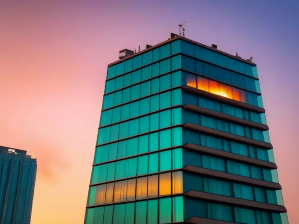 Edificio de lujo al atardecer: seguridad y diseño moderno Impresionante edificio de alta gama al atardecer con diseño moderno y normativas seguridad incendios propiedades internacionales