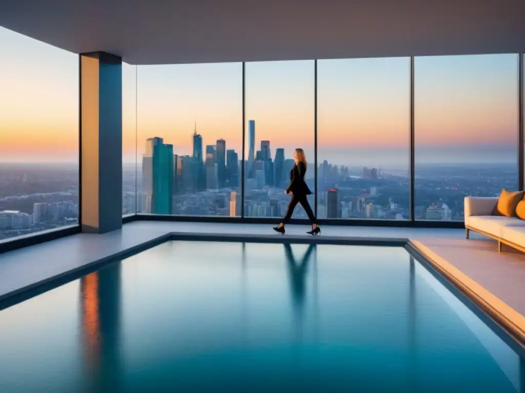 Vistas panorámicas desde lujoso edificio de apartamentos en la ciudad Un impresionante edificio de apartamentos de lujo con vistas panorámicas a la ciudad y un diseño contemporáneo