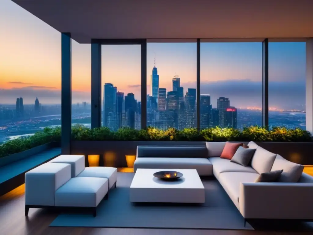 Rascacielos de lujo con vistas panorámicas al atardecer en la ciudad Un impresionante edificio de apartamentos de lujo con ventanales panorámicos, terraza en la azotea y vistas a la ciudad al anochecer