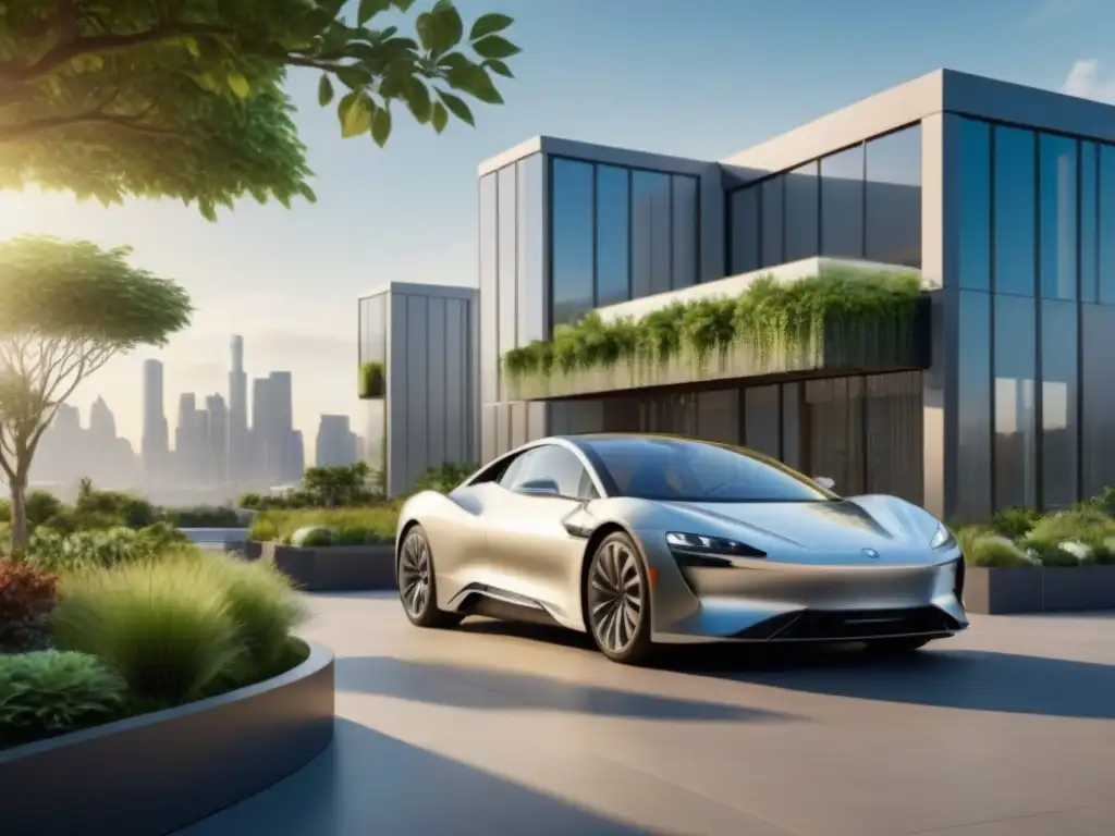 Edificio ecoamigable de lujo con certificación LEED y diseño sostenible Un impresionante edificio ecológico rodeado de exuberante vegetación, paneles solares y certificaciones ecológicas