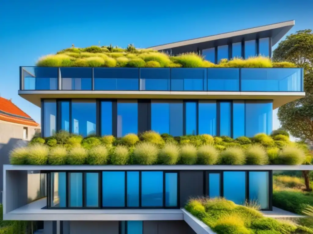 Edificio ecológico futurista con paneles solares y jardín vertical Un impresionante edificio futurista ecoamigable con tecnología verde en bienes raíces, paneles solares y jardín vertical integrado