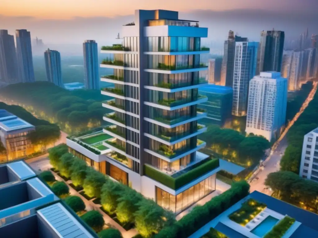 Edificio de lujo: opulencia urbana en entorno vibrante Un impresionante edificio de lujo en un escenario urbano vibrante, rodeado de parques verdes y modernos rascacielos