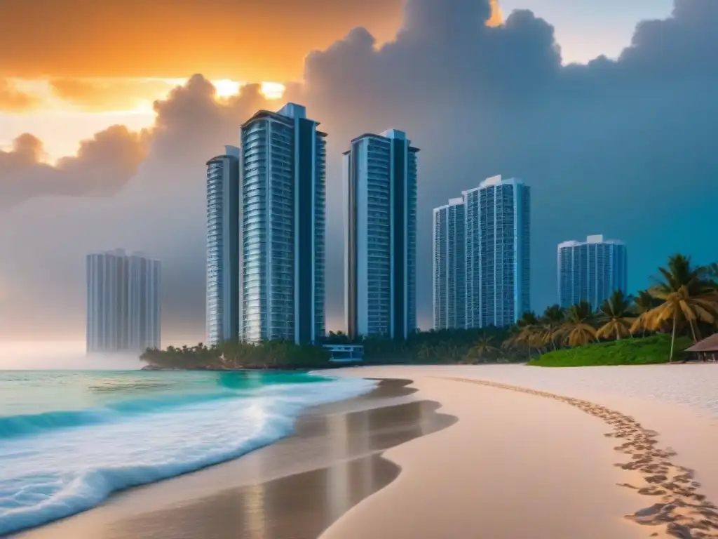 Edificio de lujo en playa al atardecer: imagen 8k ultradetallada Un impresionante edificio de lujo frente a la playa al atardecer, ideal para reventa de tiempo compartido