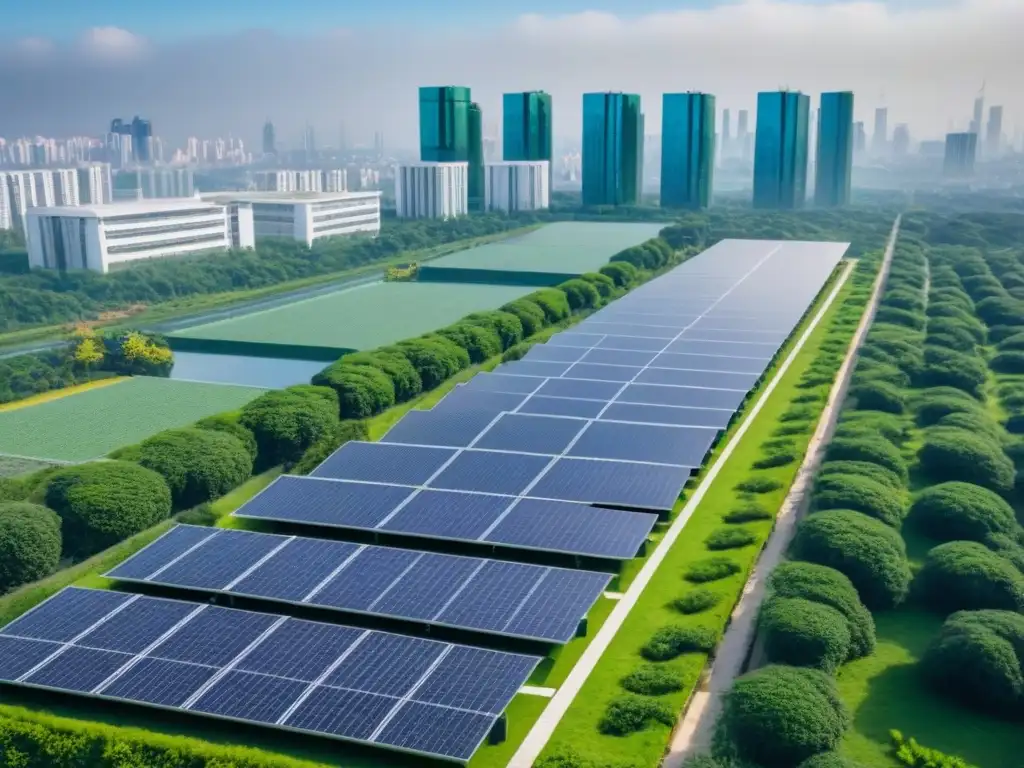 Edificio moderno con paneles solares en entorno sostenible Impresionante edificio moderno con paneles solares, rodeado de vegetación y ciudad