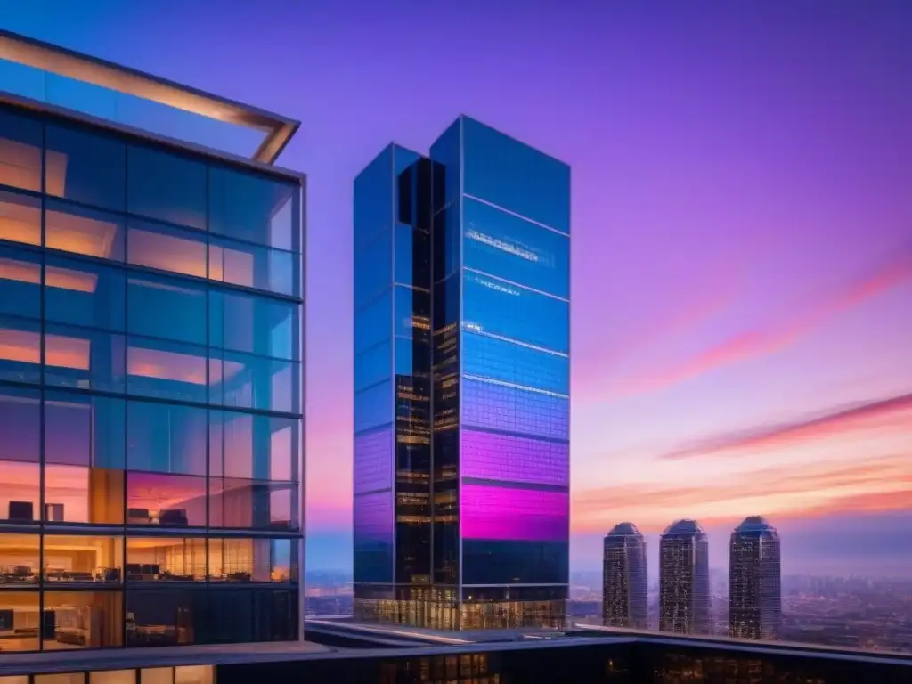 Edificio moderno en la ciudad al atardecer Impresionante edificio moderno con reflejos de la ciudad al atardecer