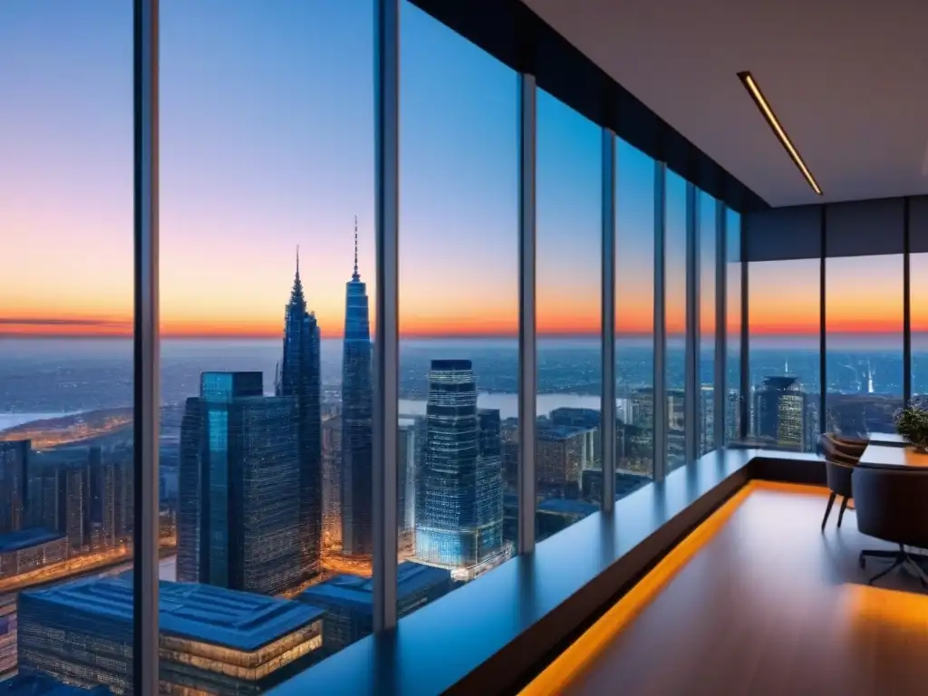 Edificio de oficinas moderno con vista urbana al atardecer Impresionante edificio de oficinas con diseño moderno y vista urbana al atardecer, reflejando la ética en mercado inmobiliario internacional