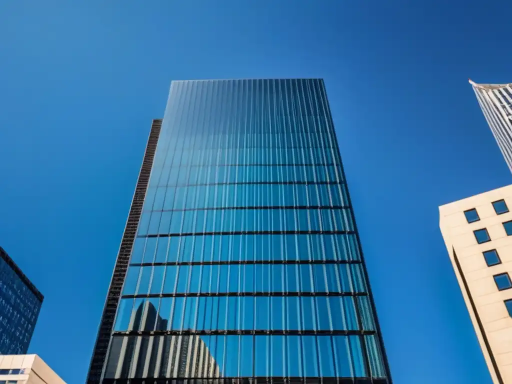 Edificio moderno de vidrio reflejante en ciudad innovadora Un impresionante edificio de oficinas moderno con fachada de cristal reflectante, destacando entre rascacielos