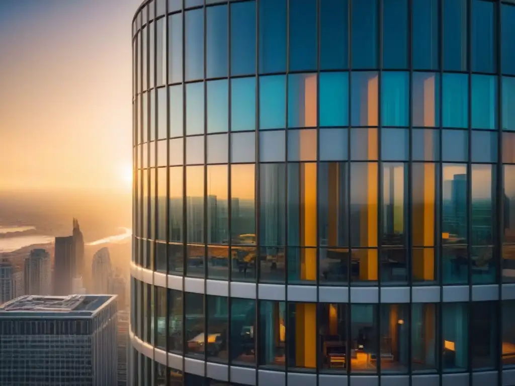 Edificio de oficinas moderno y lujoso en distrito financiero al atardecer Un impresionante edificio de oficinas moderno con ventanales de piso a techo, reflejando la puesta de sol en un distrito financiero
