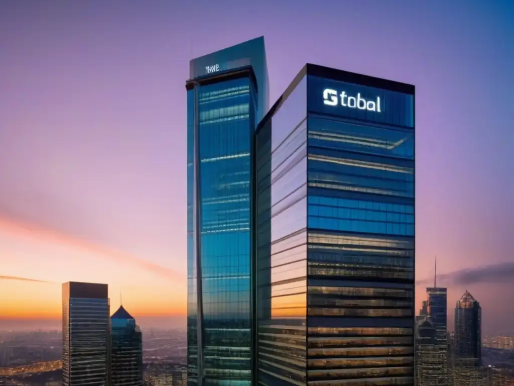Edificio de oficinas moderno y sofisticado al atardecer Un impresionante edificio de oficinas moderno con ventanales de piso a techo que reflejan un vibrante paisaje urbano al anochecer