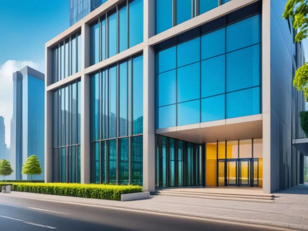 Edificio de oficinas de lujo en la ciudad: elegancia y sofisticación Un impresionante edificio de oficinas moderno y lujoso con una fachada de vidrio, reflejando el vibrante horizonte de la ciudad y el cielo azul claro