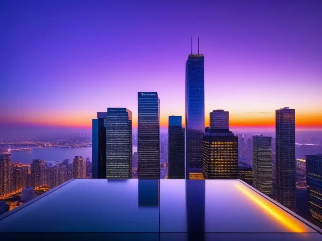 Edificio de oficinas moderno en la ciudad al atardecer Un impresionante edificio de oficinas moderno con ventanas de piso a techo reflejando un vibrante paisaje urbano al anochecer