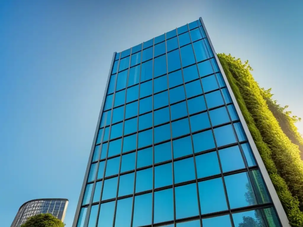 Edificio de oficinas moderno y lujoso en ciudad global Un impresionante edificio de oficinas moderno con fachada de vidrio, rodeado de vegetación, bajo un cielo azul claro