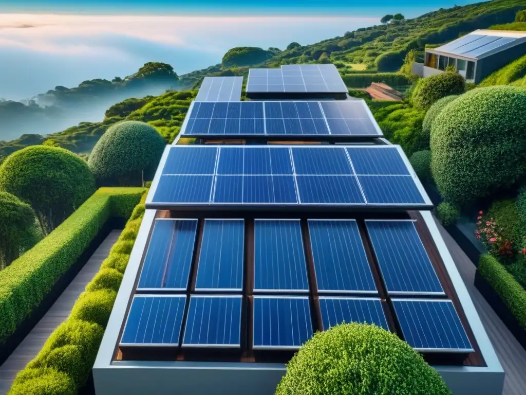 Residencia moderna con paneles solares integrados: sostenibilidad y lujo Impresionante edificio residencial moderno con paneles solares integrados, rodeado de vegetación