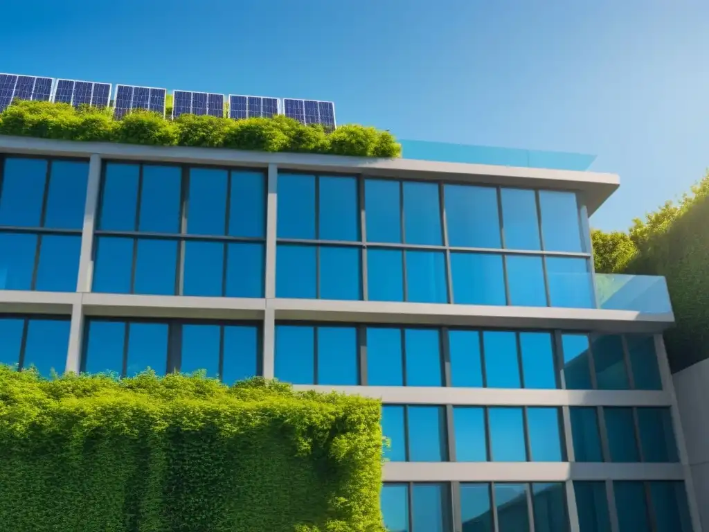 Edificio eco-friendly: diseño moderno y sostenible para inversión LEED Impresionante edificio sostenible con paneles solares y vegetación, Certificación LEED inversión inmobiliaria sostenible