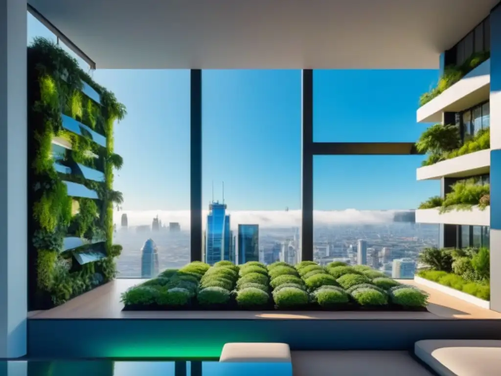 Edificio verde futurista: innovación y sostenibilidad Un impresionante edificio verde con arquitectura futurista, jardines verticales, paneles solares y amplias ventanas reflejando la ciudad