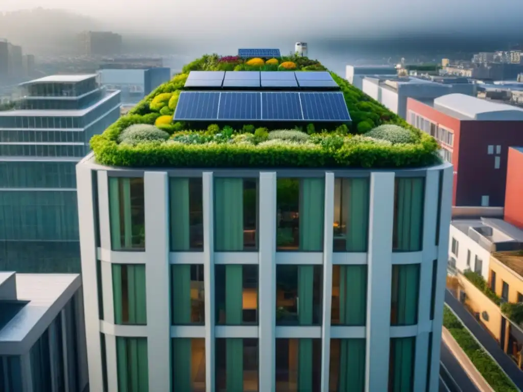 Edificio verde futurista en paisaje urbano Impresionante edificio verde en medio de la ciudad
