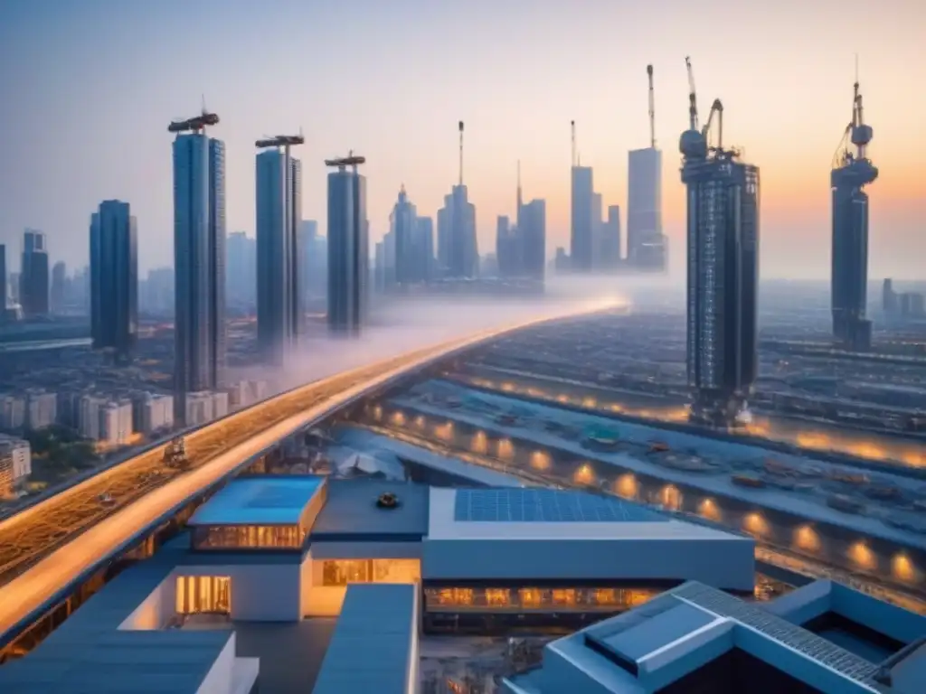 Robótica revolucionaria en la construcción de la ciudad del mañana Impresionante escena futurista de robótica en construcción de bienes raíces con trabajadores robóticos integrados en el paisaje urbano