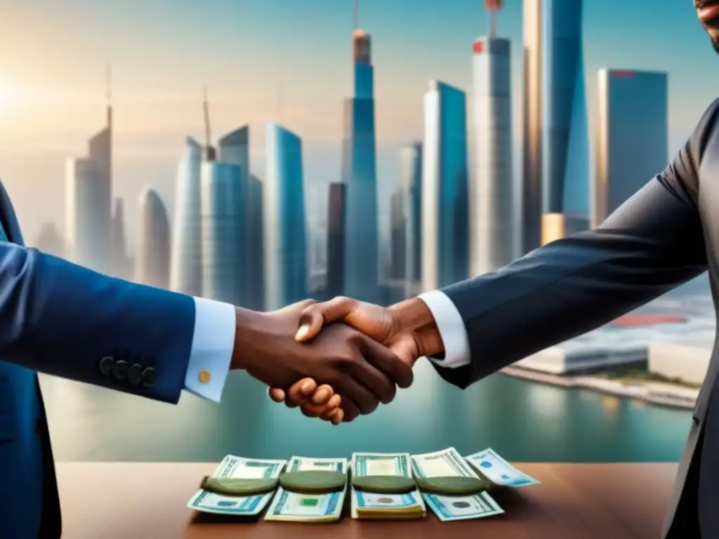 Inversionistas internacionales se unen en escenario futurista Un impresionante escenario futurista con inversores internacionales intercambiando monedas locales