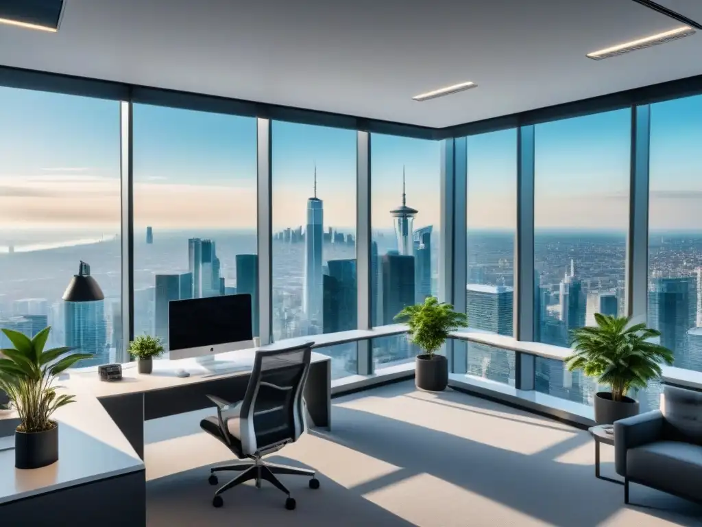Oficina moderna con vista panorámica de la ciudad Un impresionante espacio de oficina moderno con vista a una ciudad bulliciosa, simbolizando la adquisición de Move, Inc