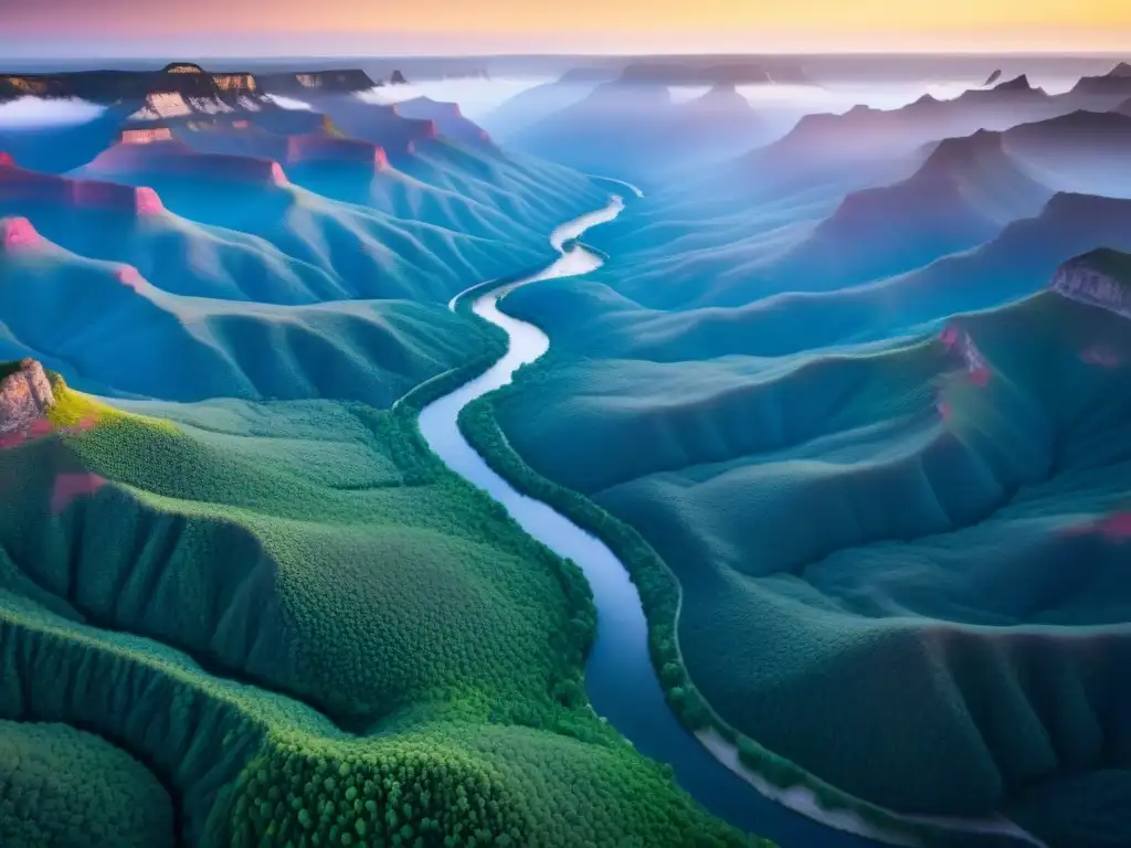 Paisaje montañoso al amanecer: río serpenteante y picos dorados Impresionante amanecer en una exuberante cordillera, ideal para turismo inmobiliario internacional diverso